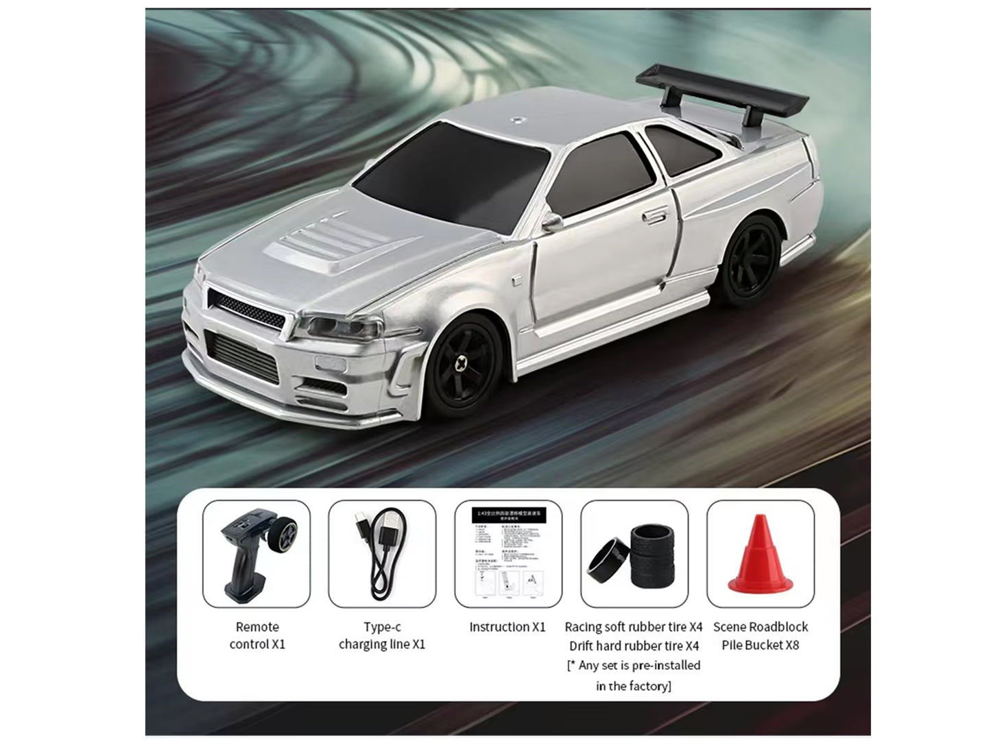 Mini 1/43 RC Drift Car - Silver GTR - High Speed - Cone Track Set included