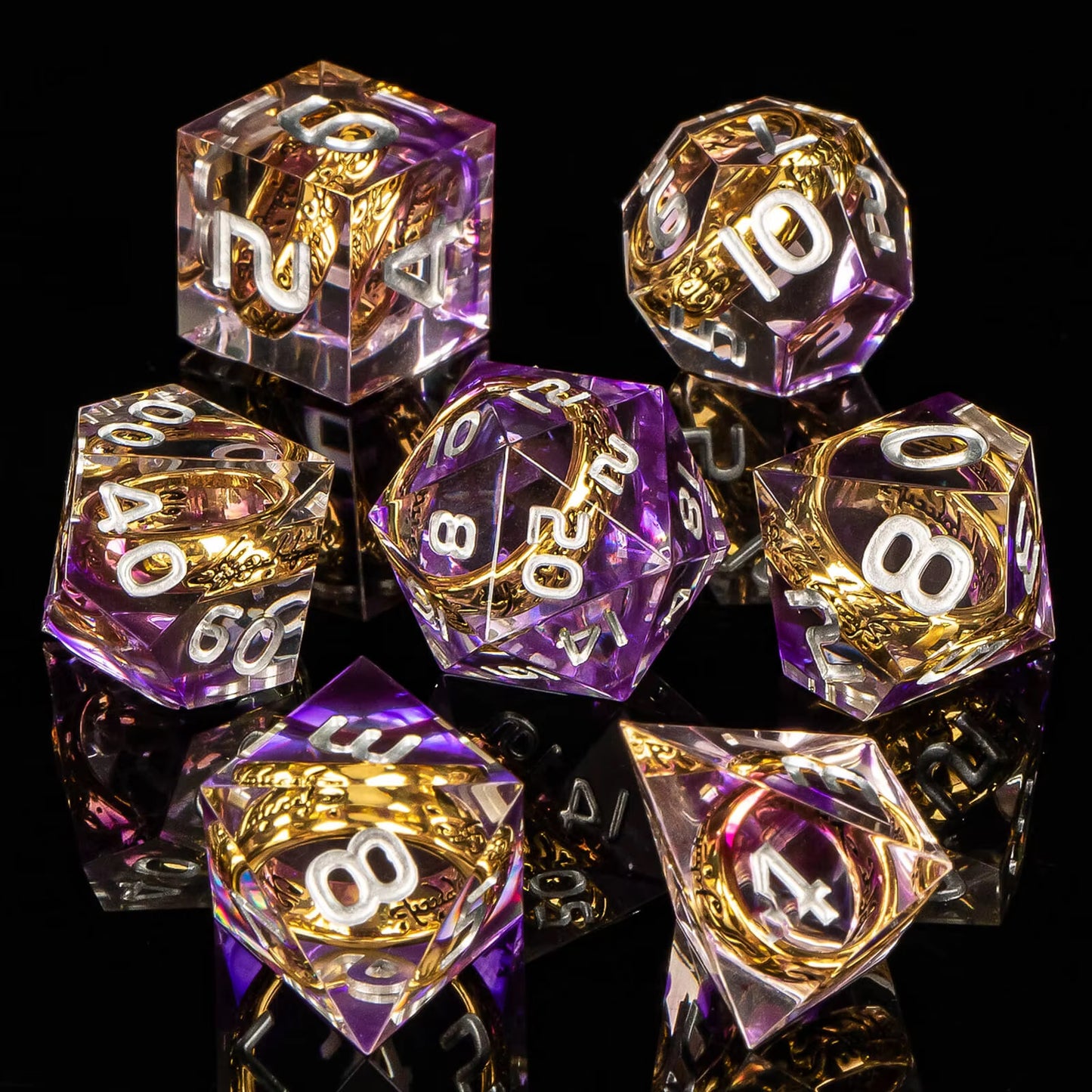 Premium Lord Of The Rings Style Resin Dice DND 7PCS Set - Purple / Clear