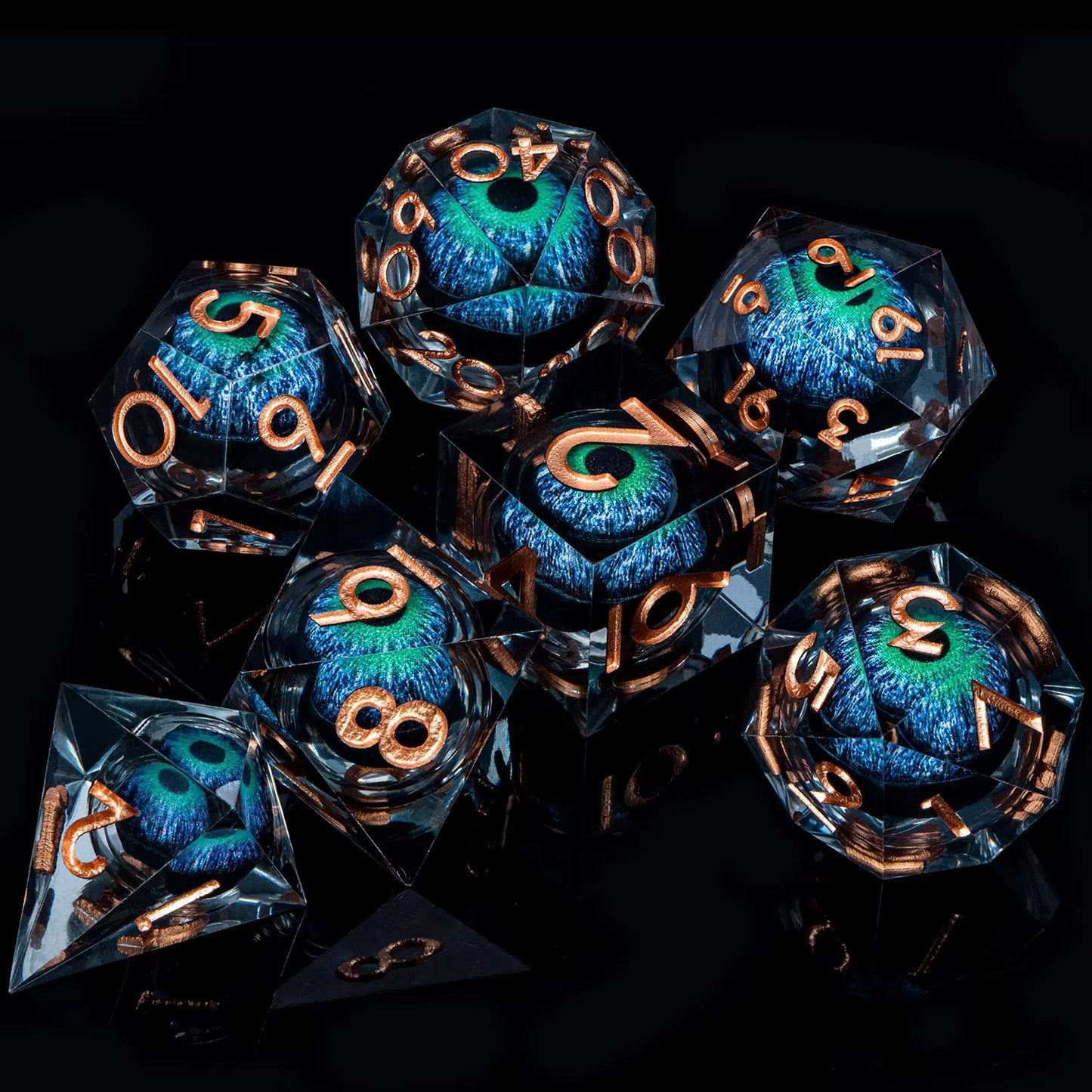 Premium Hand Made Dragon's Eye Liquid Core Resin Dice DND 7PCS Set - Purple / Blue - Eye Rolling