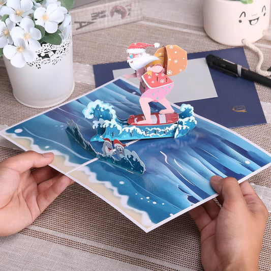 Premium Merry Christmas - Surfing Santa - 3D Pop Up Card