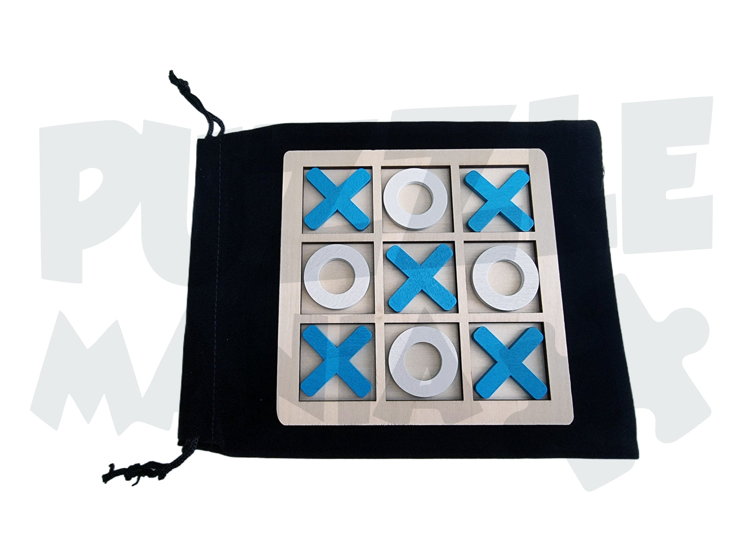 Portable Tic Tac Toe / Norts & Crosses Set - Wooden - Includes Felt Drawstring Storage Satchel