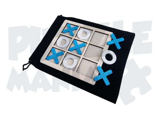 Portable Tic Tac Toe / Norts & Crosses Set - Wooden - Includes Felt Drawstring Storage Satchel