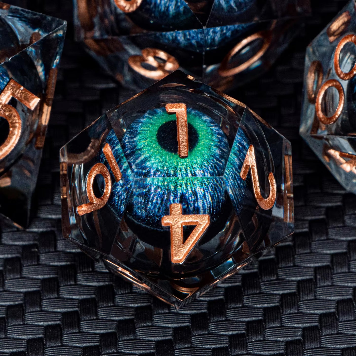 Premium Hand Made Dragon's Eye Liquid Core Resin Dice DND 7PCS Set - Purple / Blue - Eye Rolling