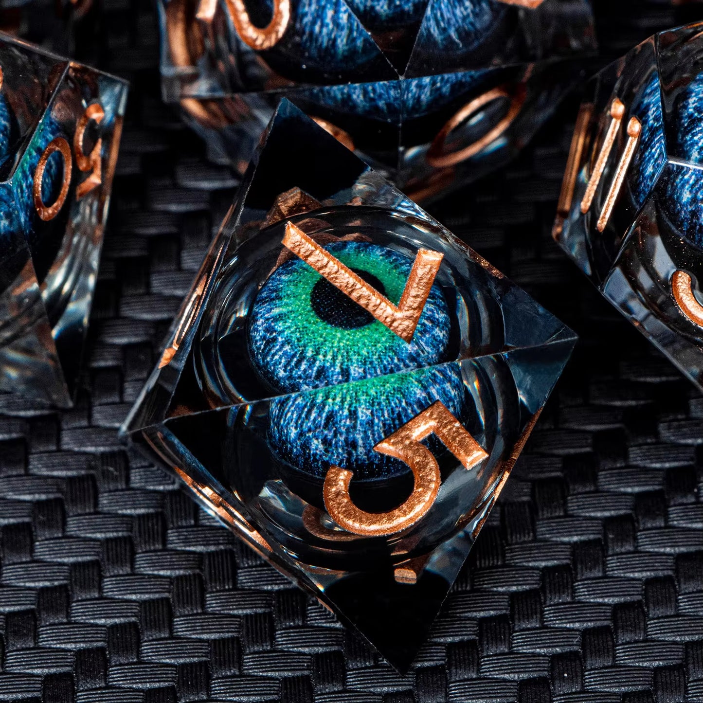 Premium Hand Made Dragon's Eye Liquid Core Resin Dice DND 7PCS Set - Purple / Blue - Eye Rolling