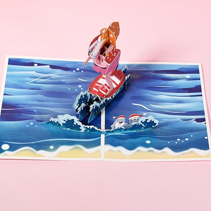 Premium Merry Christmas - Surfing Santa - 3D Pop Up Card