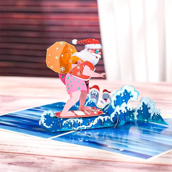 Premium Merry Christmas - Surfing Santa - 3D Pop Up Card