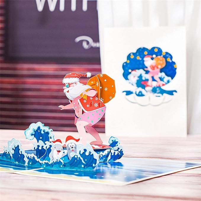 Premium Merry Christmas - Surfing Santa - 3D Pop Up Card