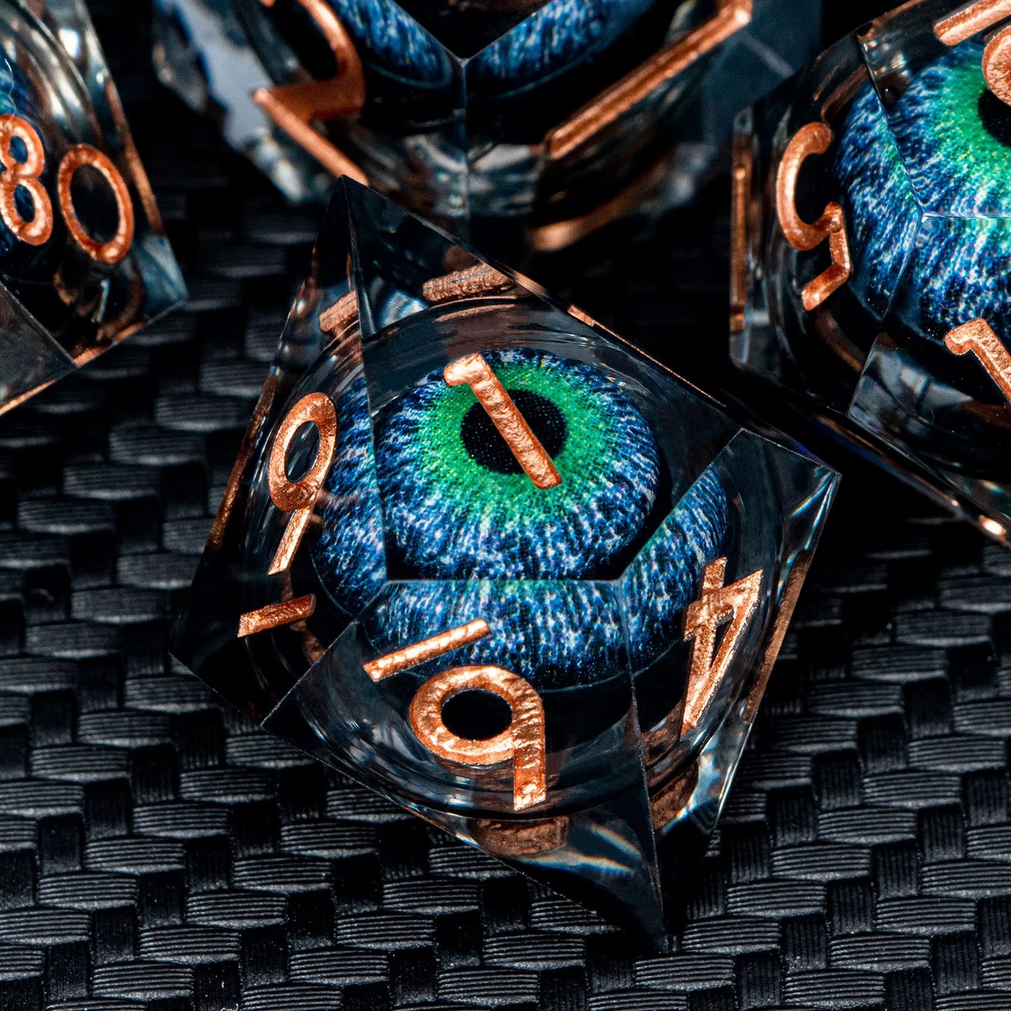 Premium Hand Made Dragon's Eye Liquid Core Resin Dice DND 7PCS Set - Purple / Blue - Eye Rolling