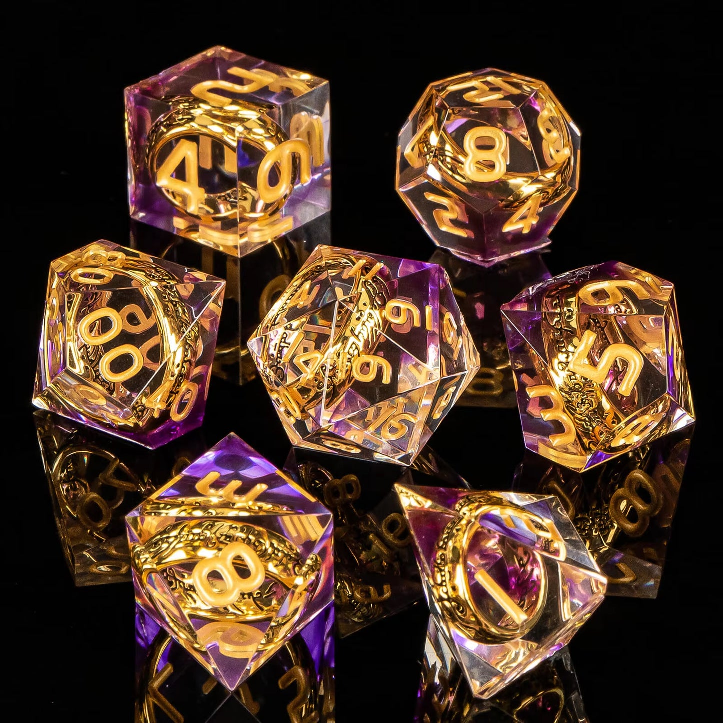 Premium Lord Of The Rings Style Resin Dice DND 7PCS Set - Purple / Clear